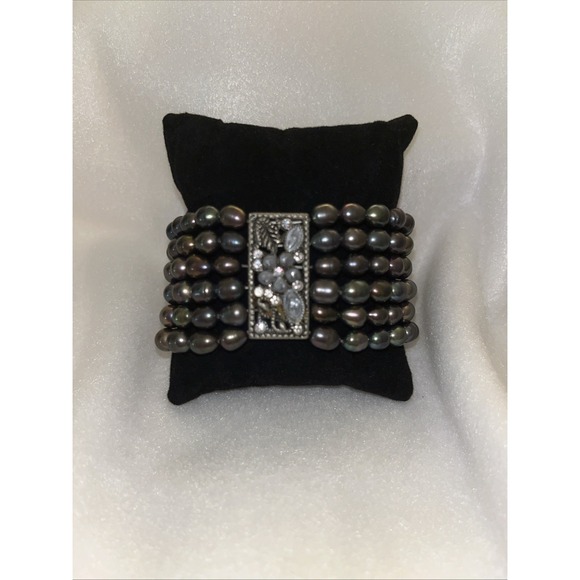 Vintage Estate Pearl Bracelet Purple Blue Crystals Stretch Floral Silver Glam - Picture 7 of 7